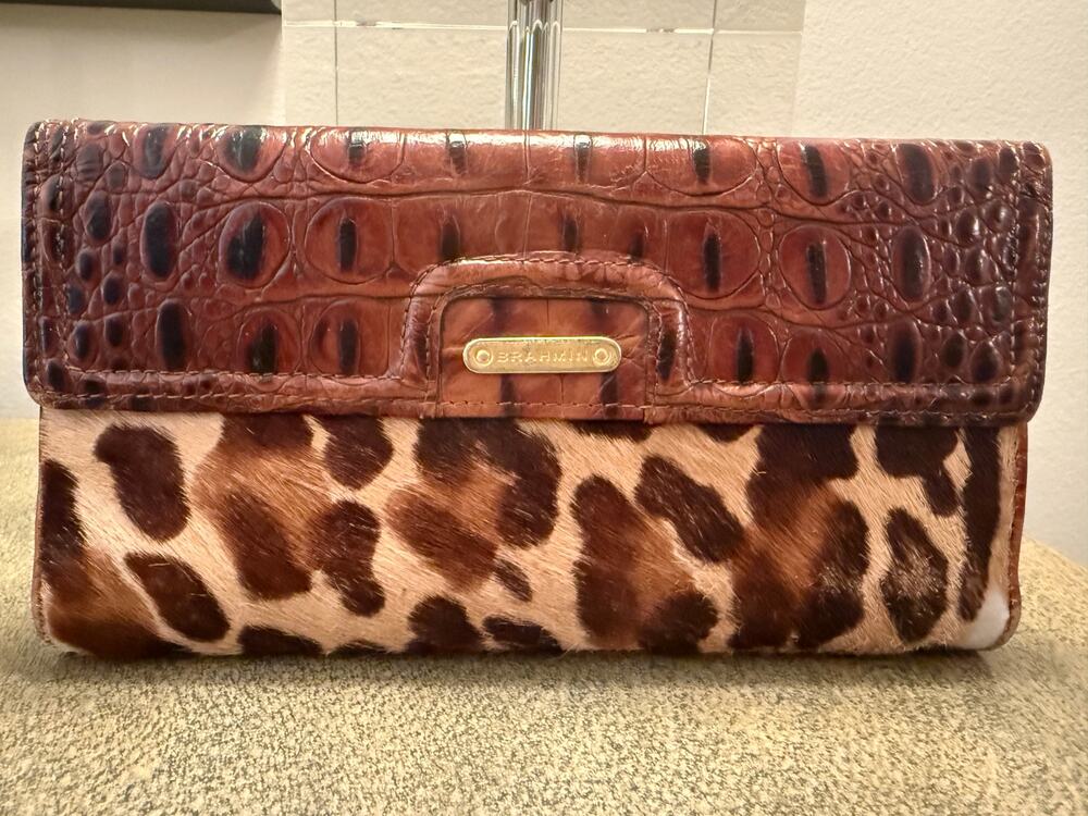Brahmin Croc Embossed Leather Leopard Calf Hair Checkbook Wallet Clutch Brown